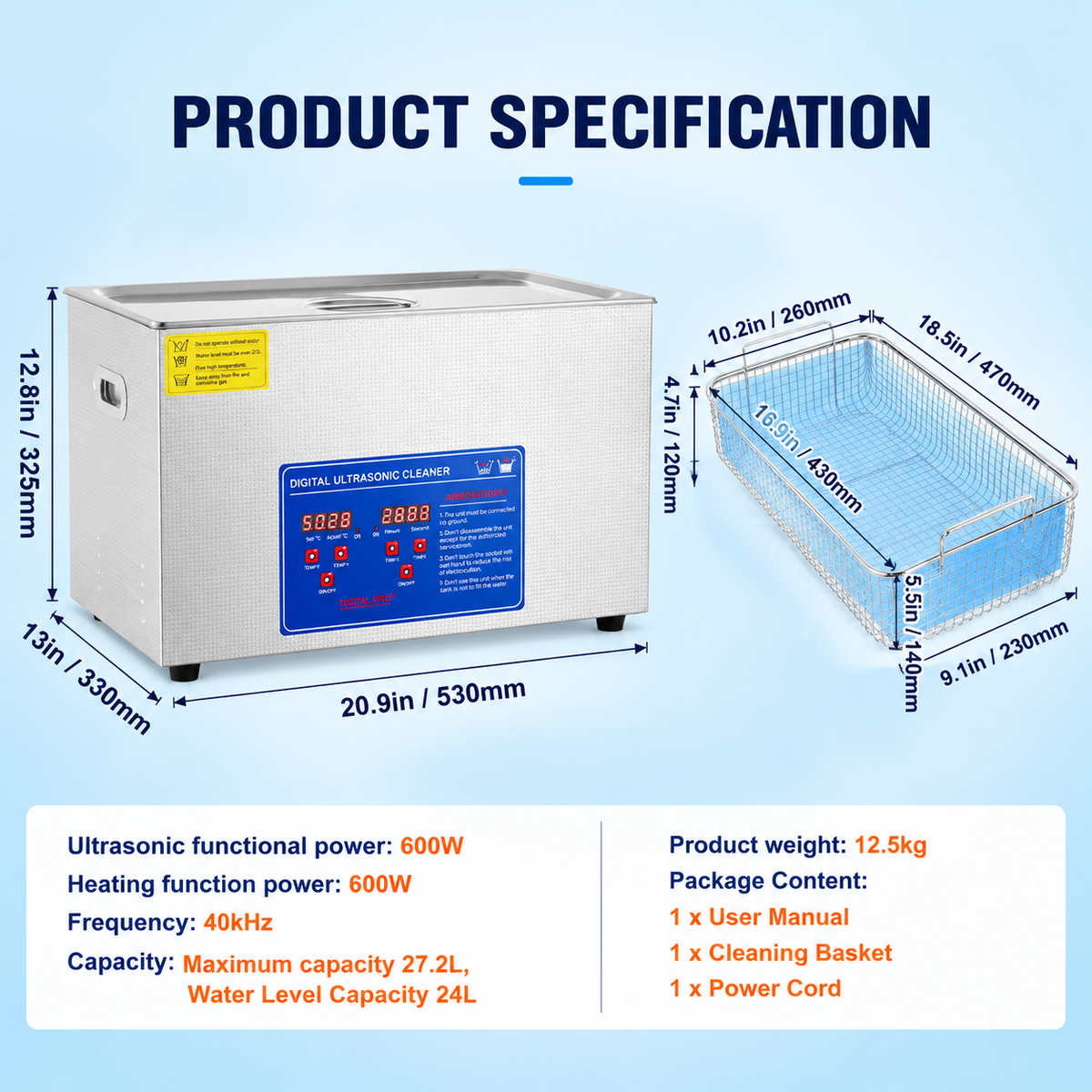 Professional Ultrasonic Cleaner, 30 L Ultrasonic Jewelry Cleaner with Digital Timer & Heater, Stainless Steel Industrial Sonic Cleaner 40kHz for Glasses, Watches, Rings, Small Parts