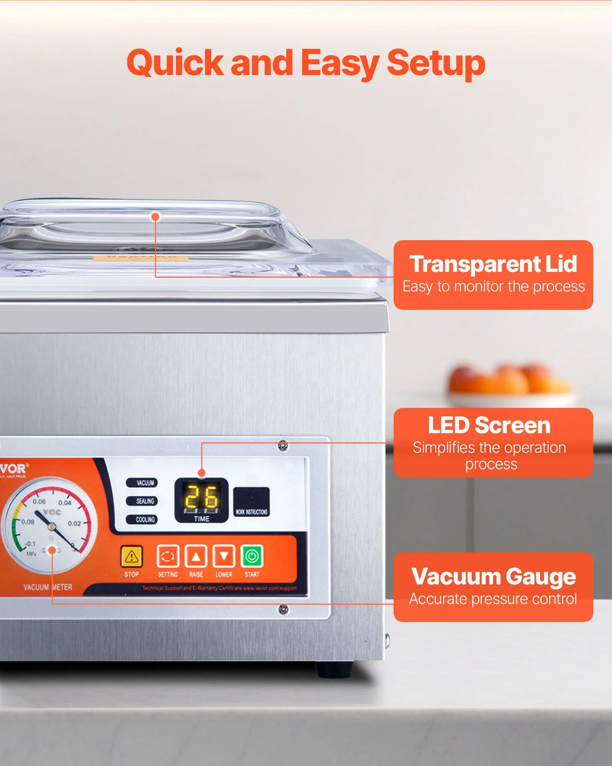 Chamber Vacuum Sealer, 260W Sealing Power, Vacuum Packing Machine for Wet Foods, Meats, Marinades and More, Compact Size with 10.2 in Sealing Length, Applied in Home Kitchen and Commercial Use