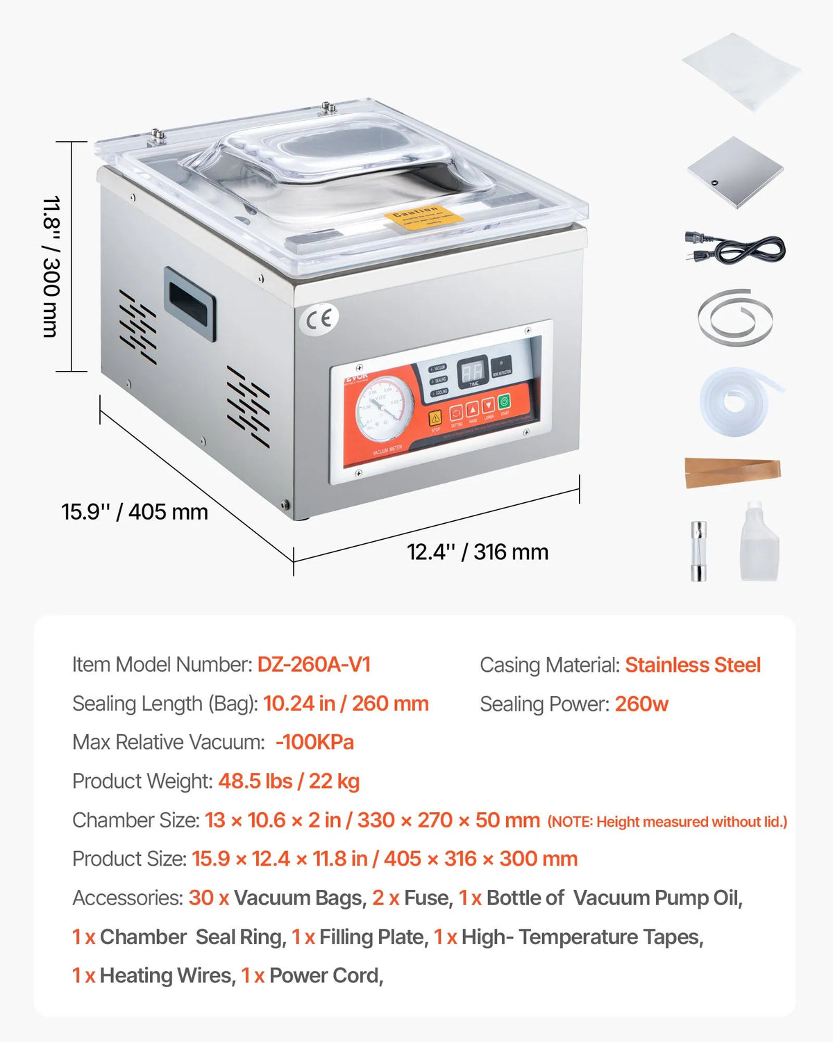 Chamber Vacuum Sealer, 260W Sealing Power, Vacuum Packing Machine for Wet Foods, Meats, Marinades and More, Compact Size with 10.2 in Sealing Length, Applied in Home Kitchen and Commercial Use