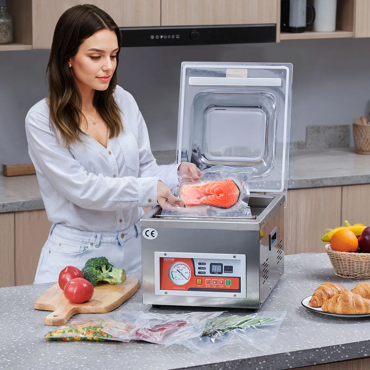 Chamber Vacuum Sealer, 260W Sealing Power, Vacuum Packing Machine for Wet Foods, Meats, Marinades and More, Compact Size with 10.2 in Sealing Length, Applied in Home Kitchen and Commercial Use