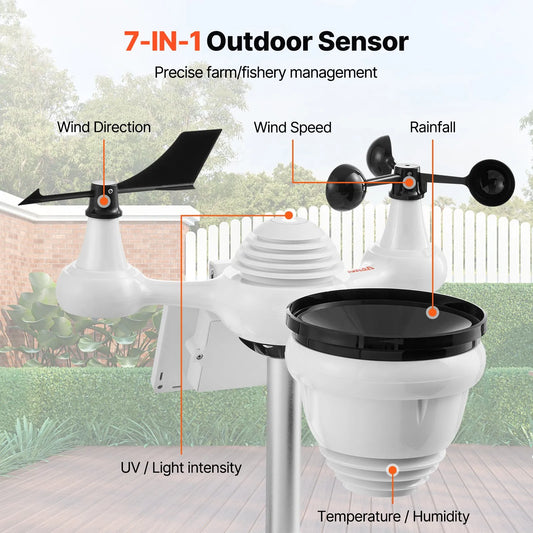 7-in-1 Wireless Weather Station with Wi-Fi, 7" TFT Colorful Display, Solar-Powered Outdoor Sensor, Indoor & Outdoor Monitoring, Includes Temperature, Humidity, Wind Speed/Direction, and Rainfall